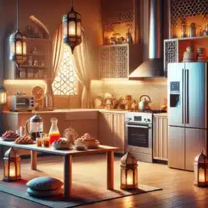 DALL·E 2025-02-07 21.13.24 - A modern kitchen with high-tech appliances including a refrigerator, freezer, and coffee machine, set in a warm Ramadan atmosphere. The kitchen is wel